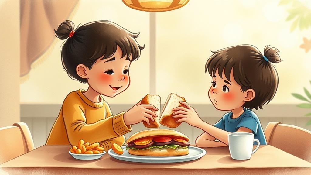 Two children sharing food at a lunch table showing kindness and generosity