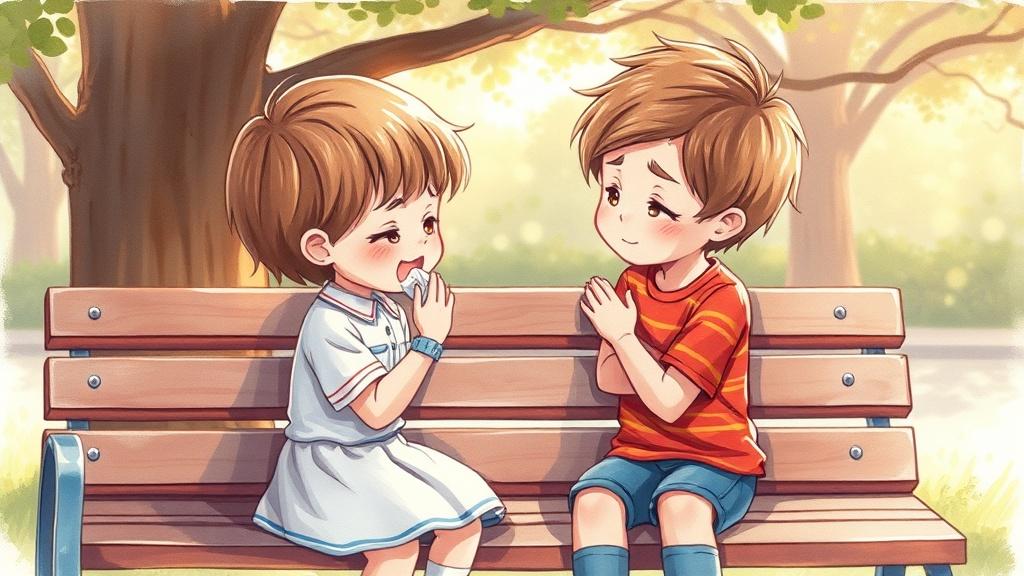 A child comforting a crying friend showing empathy and caring