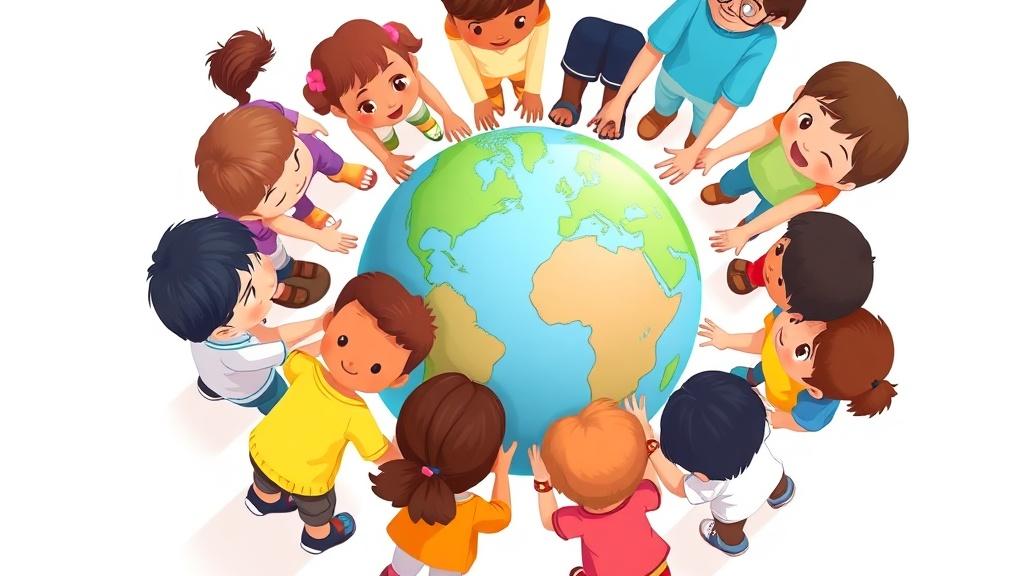 Children holding hands around a globe showing unity and respect