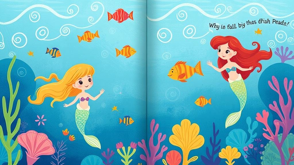 Whimsical underwater scene illustration with mermaids and colorful fish