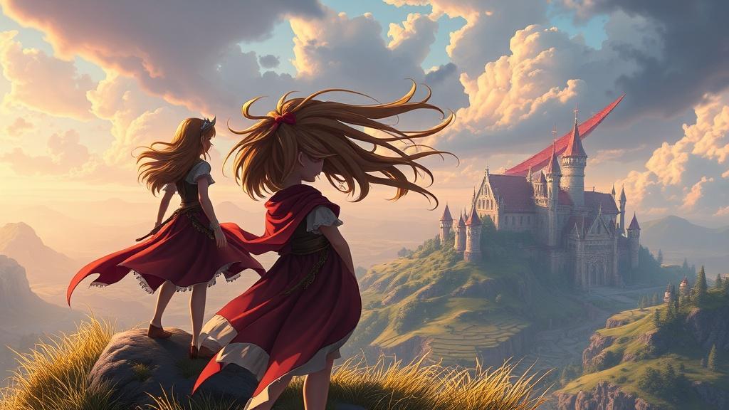 Fantasy character illustration of a brave young girl overlooking a magical kingdom
