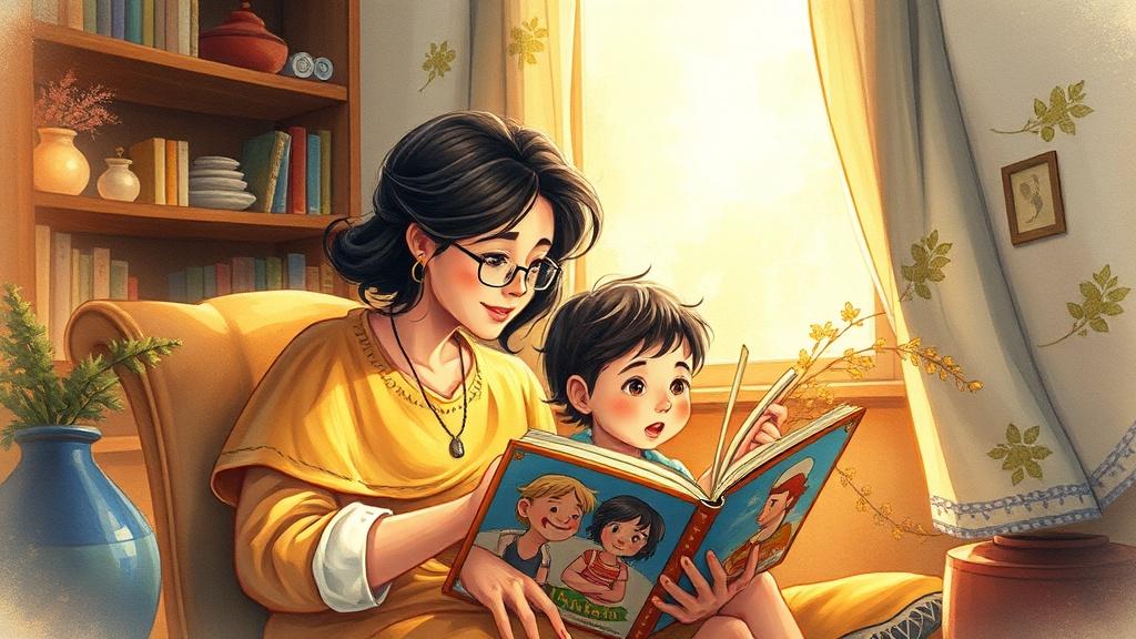 Parent and child reading a beautifully illustrated storybook together in a cozy reading nook