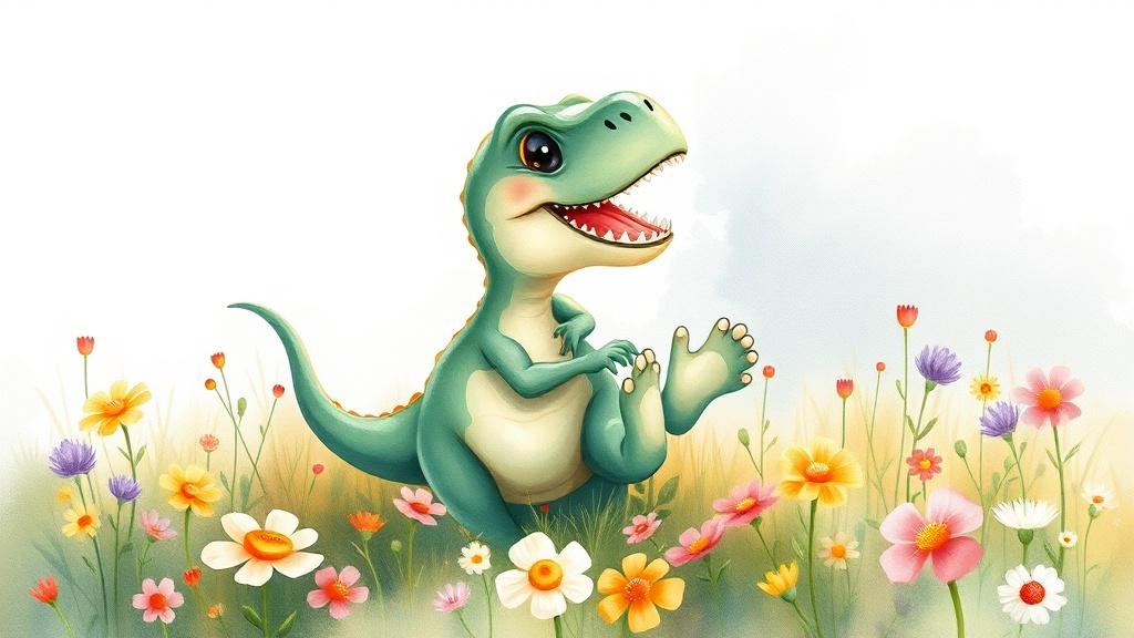 Watercolor style dinosaur story illustration