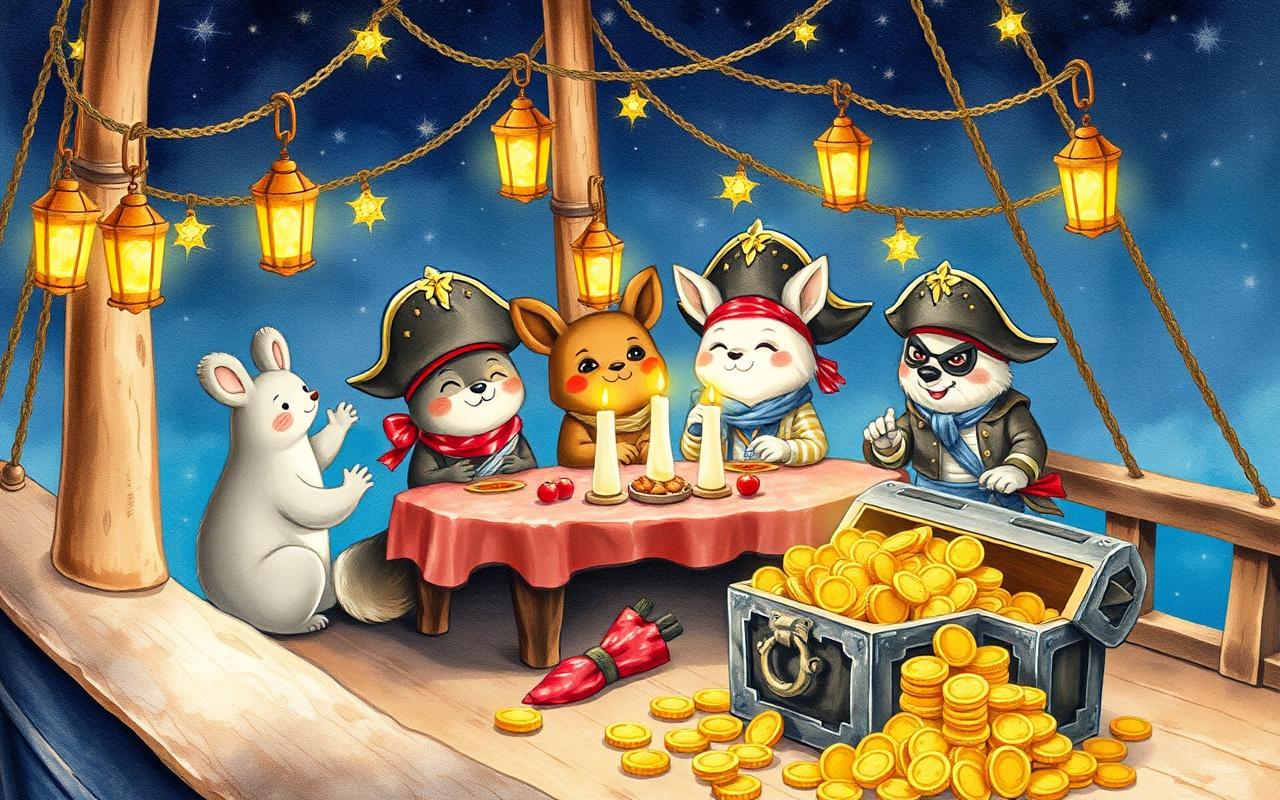 A group of adorable animal pirates having a feast on their ship deck with lanterns and stars