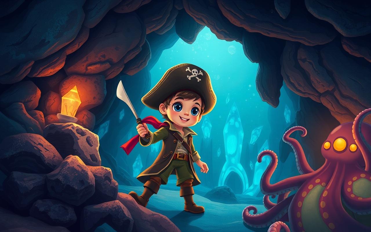 A young pirate exploring an underwater cave with glowing crystals and a friendly octopus