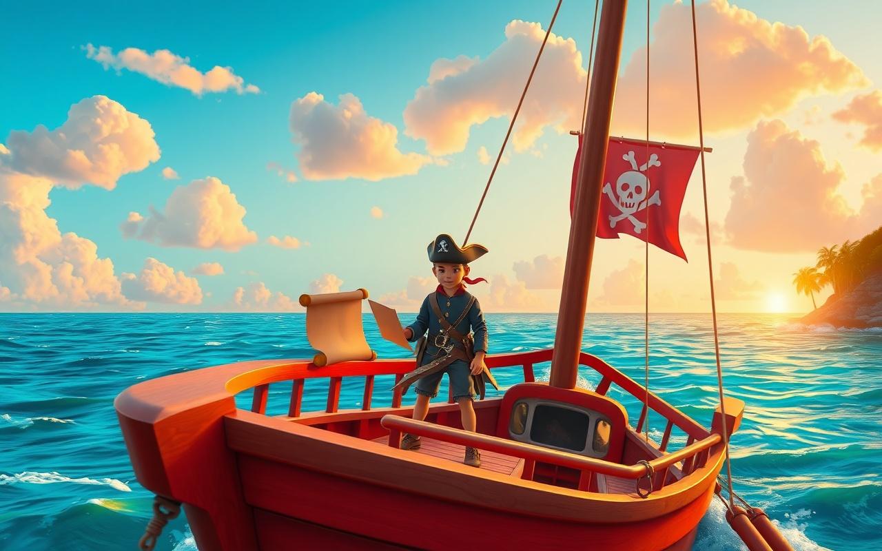 A brave young pirate captain standing at the bow of a colorful ship sailing through turquoise tropical waters