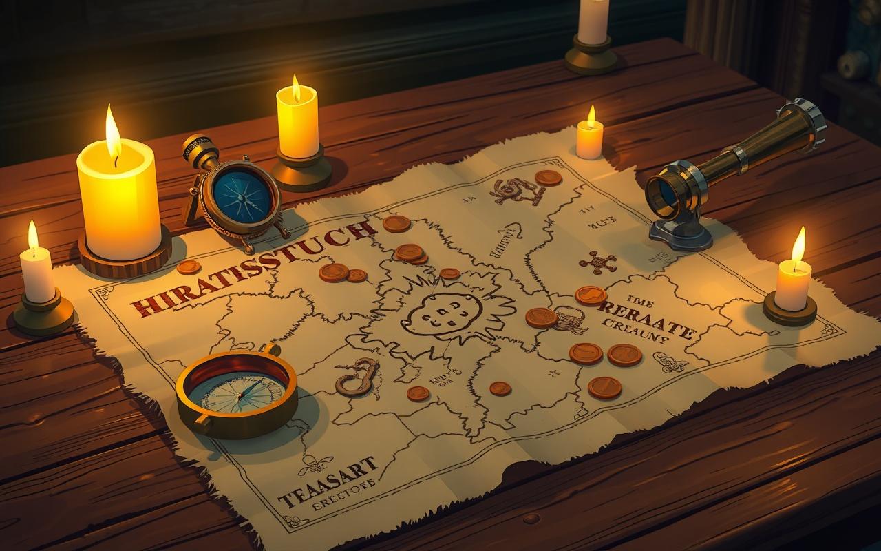 A pirate treasure map spread out on a wooden table with compass, coins, and a telescope