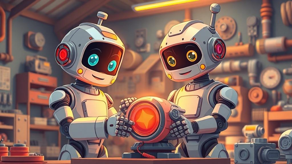 A friendly robot and a young child building a spaceship together in a futuristic workshop