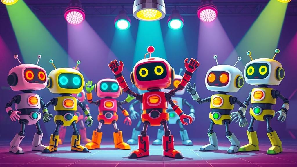 Robots of different shapes and sizes having a fun dance party under disco lights