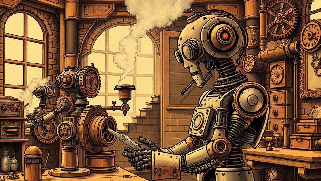 Steampunk style robot story illustration