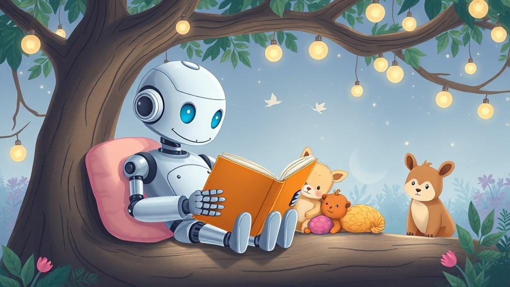 A gentle robot reading bedtime stories to baby animals in a cozy treehouse