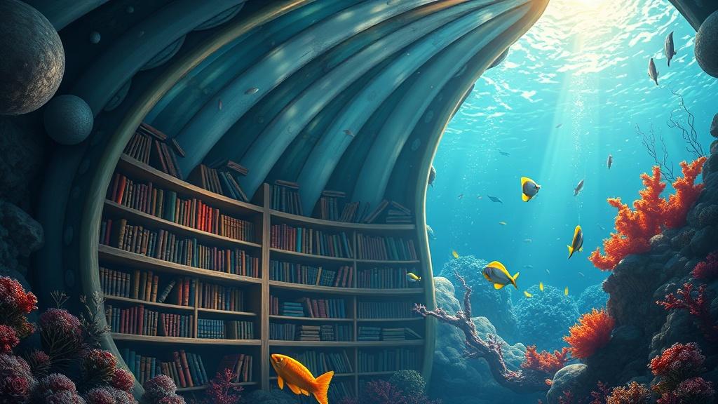 An underwater library inside a giant seashell with bookshelves made of coral and fish swimming between books