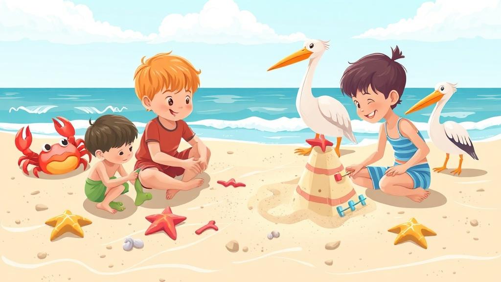 Cartoon style beach scene with ocean characters