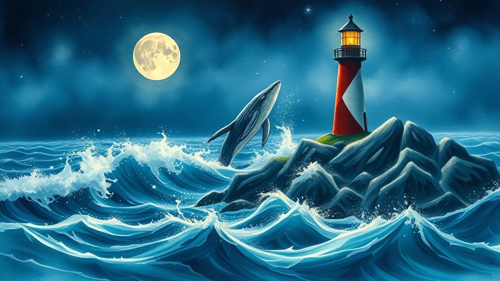 Cinematic style lighthouse and whale in moonlight illustration