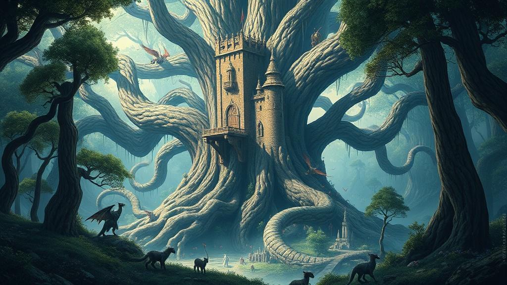 Fantasy style forest kingdom illustration