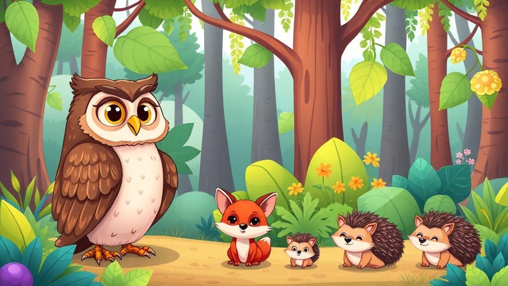 Cartoon style forest with talking animals illustration