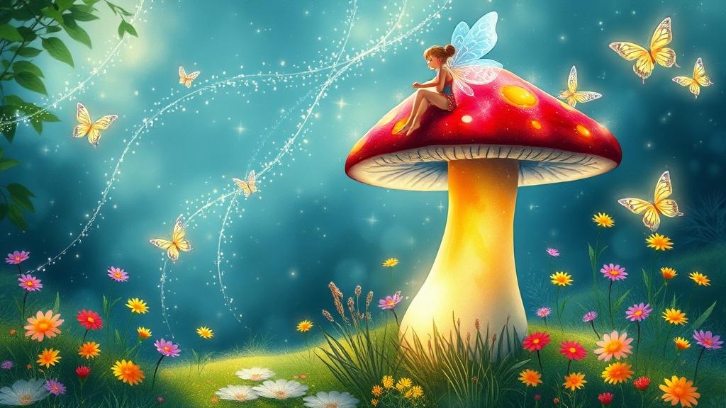 A magical fairy sitting on a giant glowing mushroom in an enchanted garden with sparkling pixie dust, colorful wildflowers, and luminous butterflies