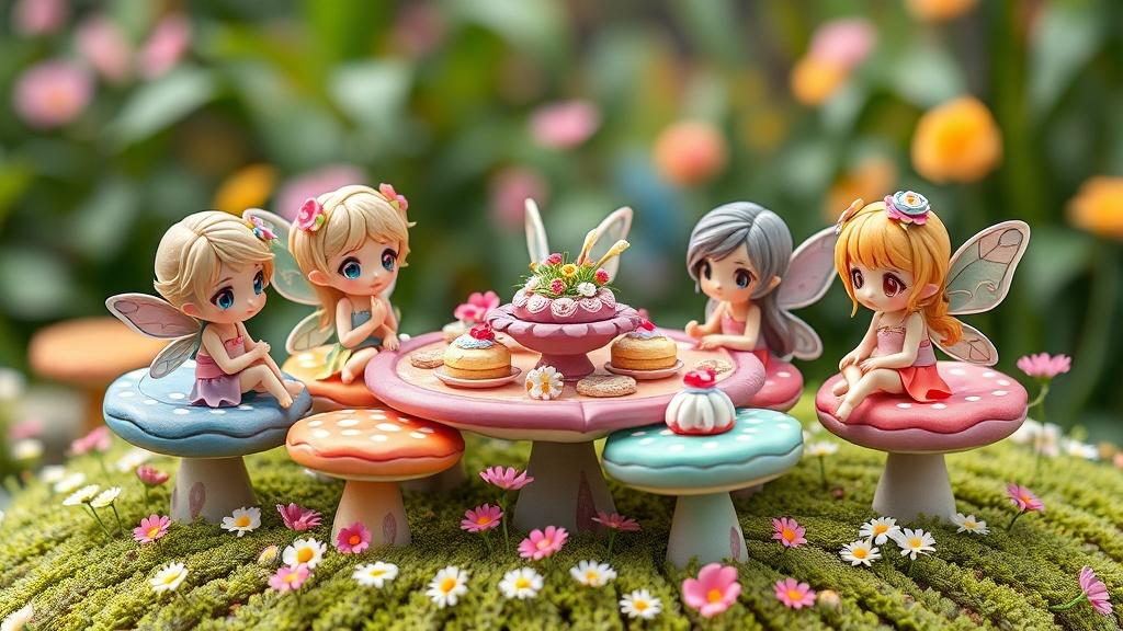 Anime chibi fairy tea party on mushroom chairs illustration