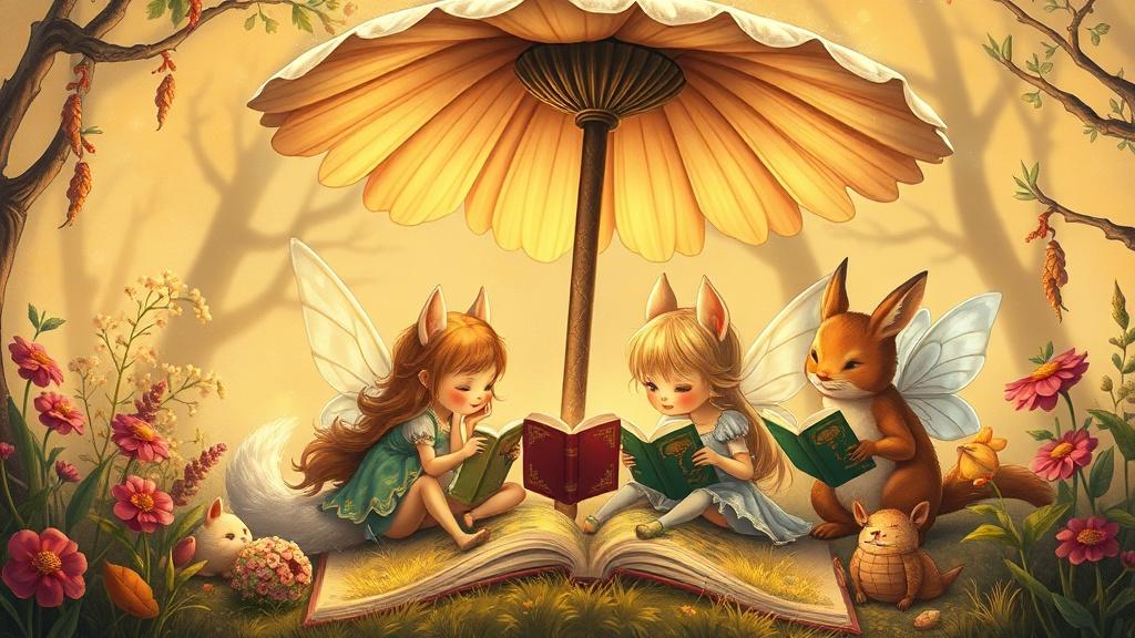 Classic storybook style fairies reading together illustration
