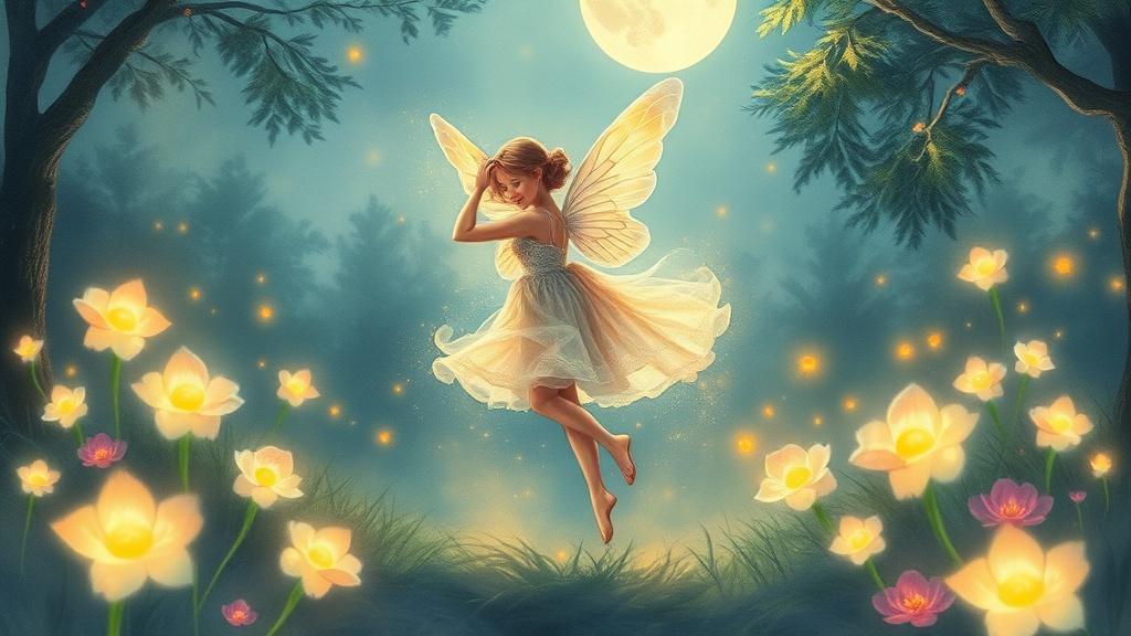 Watercolor style fairy dancing in a moonlit garden illustration