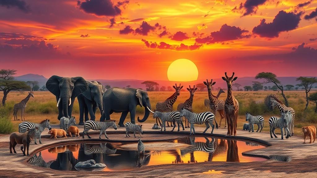 Fantasy style wild animals at a magical African savanna watering hole illustration
