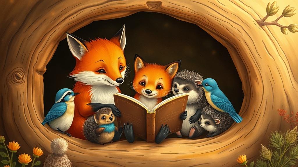 Classic storybook style woodland animals reading together illustration