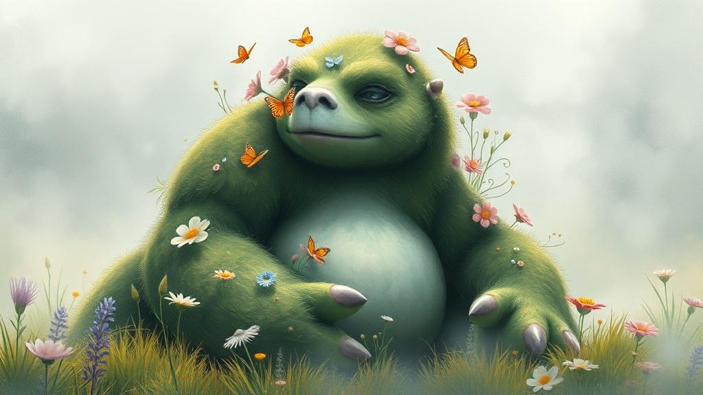Watercolor style gentle giant monster with mossy fur sitting in a misty meadow illustration