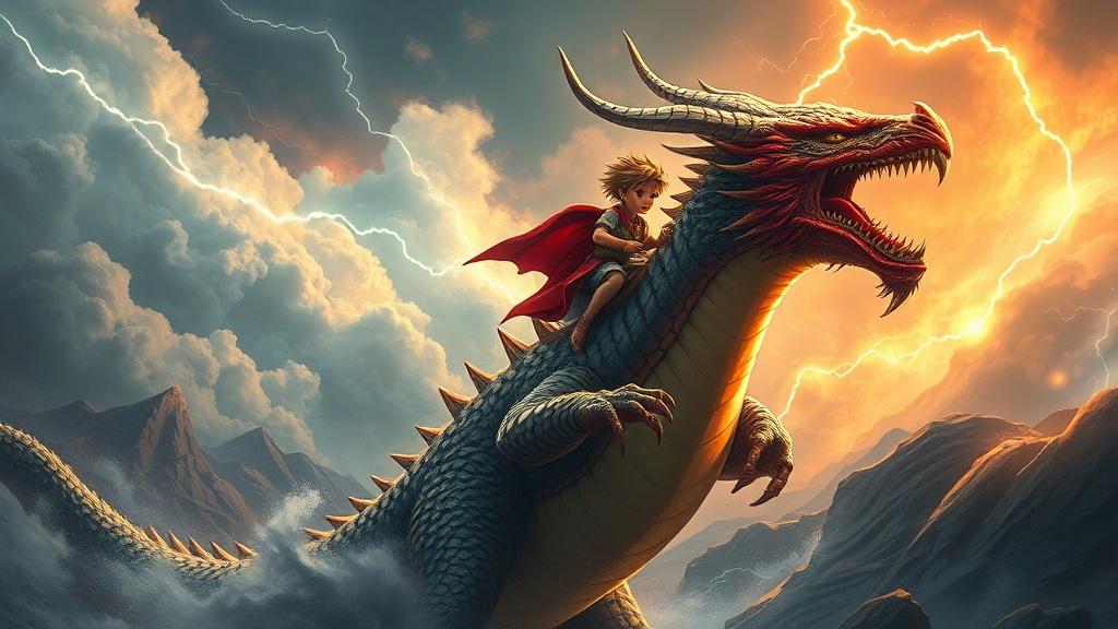 Fantasy style heroic kid riding a massive friendly dragon-monster through thunderclouds illustration