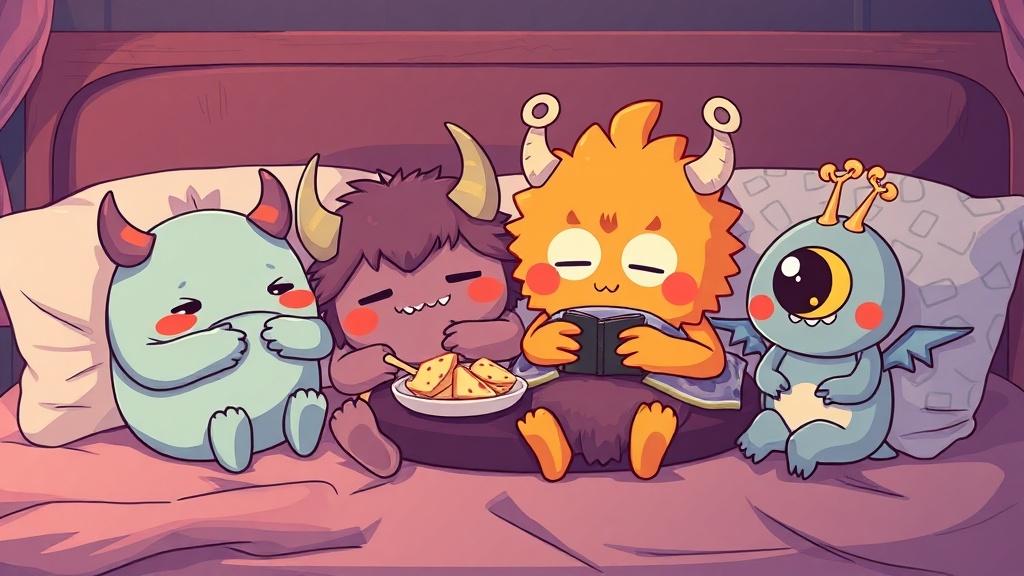 Anime chibi monster characters having a sleepover with pillows and snacks illustration