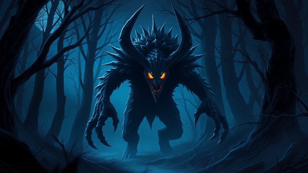 Cinematic style mysterious shadow monster with glowing eyes in a dark enchanted forest illustration