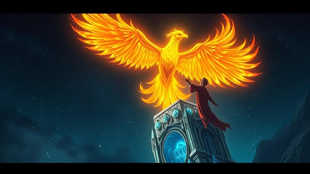 Fantasy style young sorcerer summoning a golden phoenix from a crystal tower under a starry night illustration