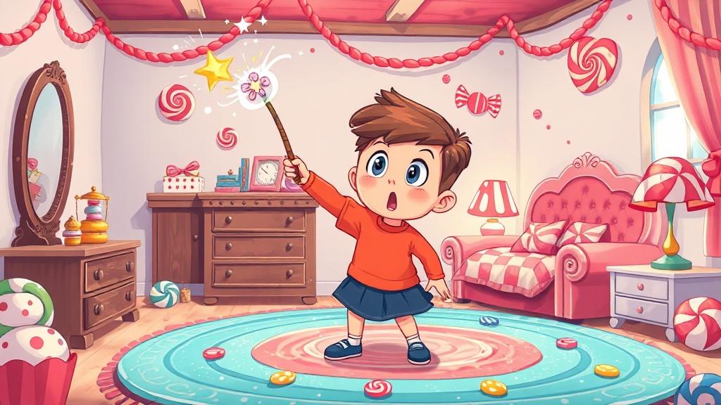 A child waving a magic wand and accidentally turning their bedroom into a candy wonderland with chocolate furniture and lollipop lamps