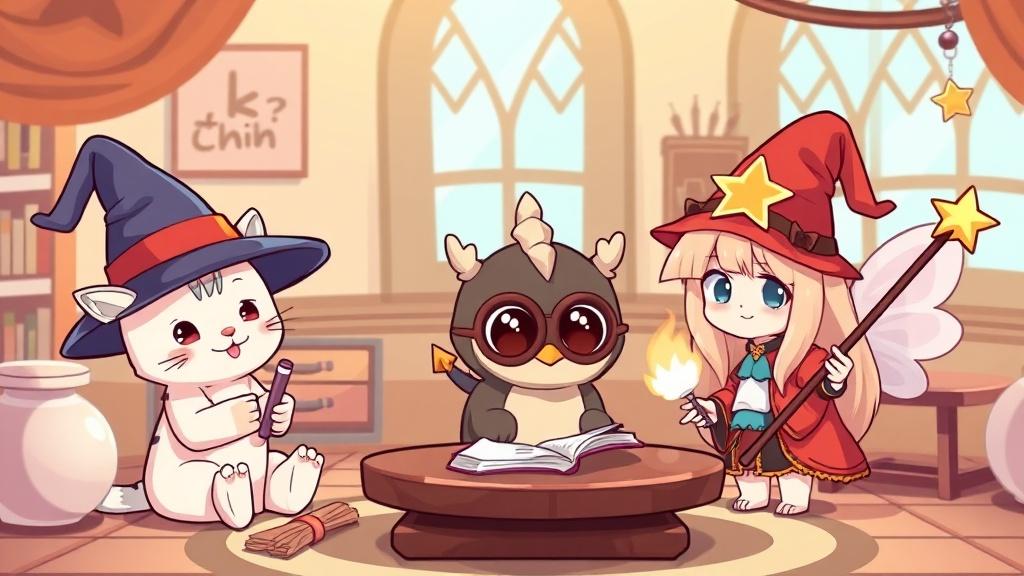 Anime chibi wizard characters — a cat mage, dragon apprentice, owl wizard, and star-wand fairy — studying magic together illustration