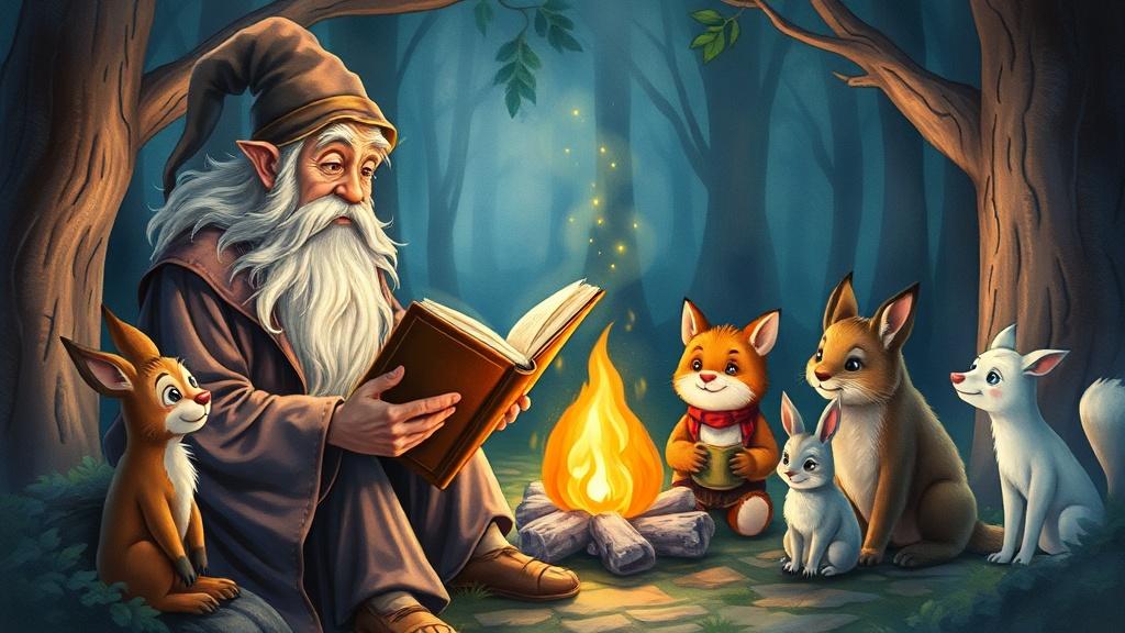 Watercolor style gentle old wizard reading a glowing storybook to enchanted forest animals by a magical campfire illustration