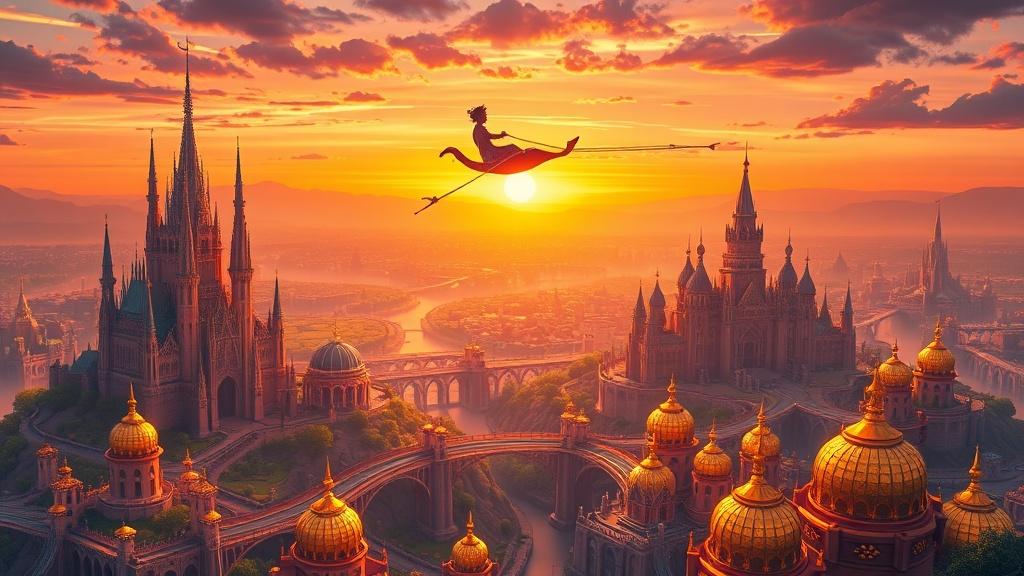 A tiny magic carpet ride over a breathtaking enchanted city at sunset with crystal towers, floating gardens, and rainbow bridges