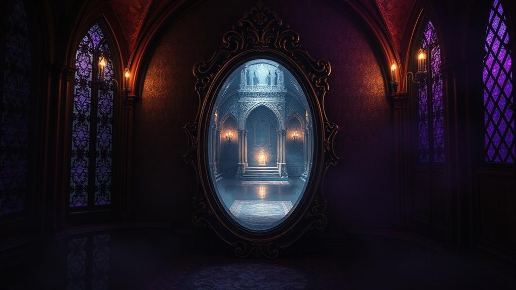 Cinematic style mysterious enchanted mirror in a dark chamber reflecting a magical world of light and wonder illustration