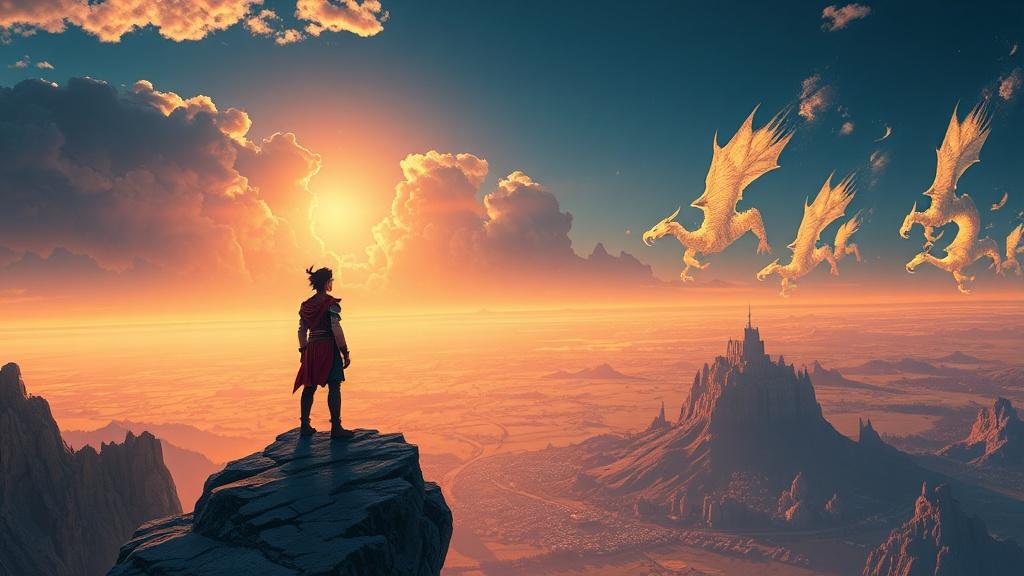 Fantasy art style young hero standing at the edge of a cliff overlooking a vast kingdom with dragon shadows in the sky illustration