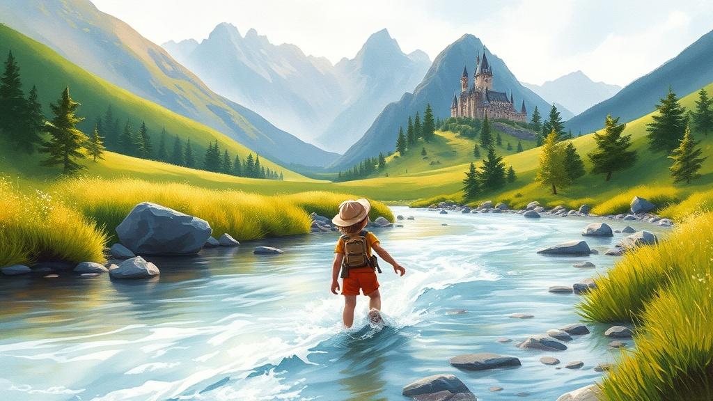 Watercolor style child adventurer wading through a sparkling river in a lush valley with mountains and a distant castle illustration