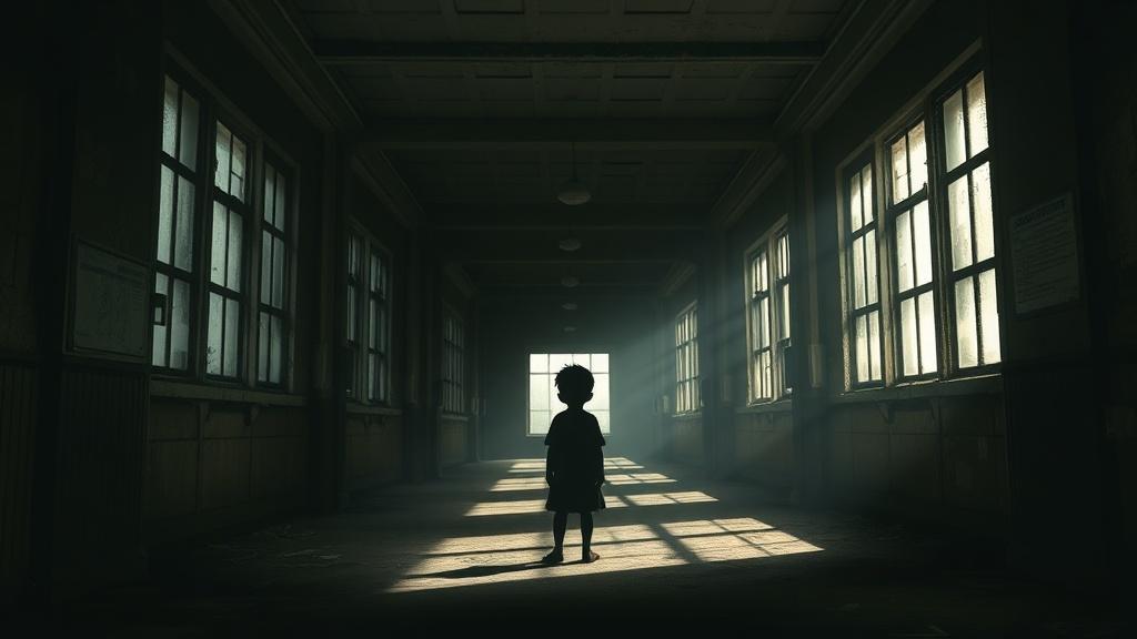 Cinematic style lone child silhouette at the end of a shadowy corridor in an abandoned school with light through dusty windows illustration