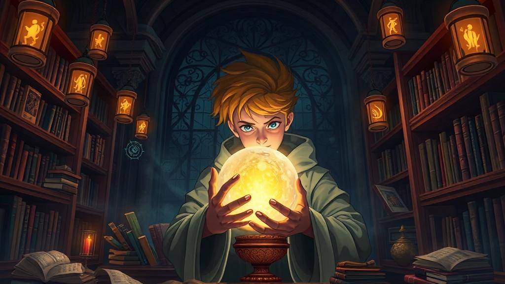 Fantasy art style young wizard investigator examining a glowing crystal ball in a dark enchanted library with floating books illustration