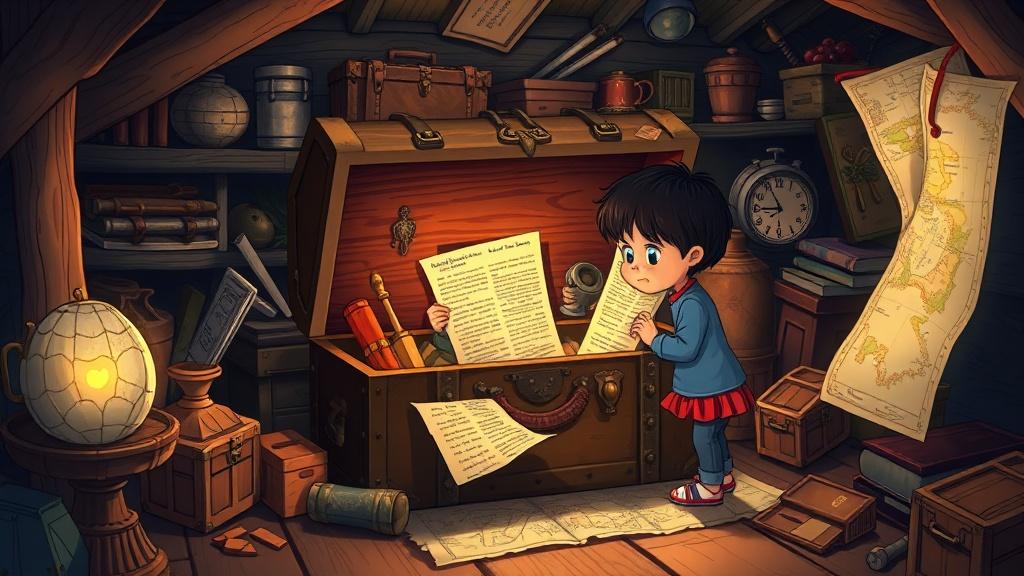 Classic storybook style curious child opening a mysterious old trunk in an attic filled with antique objects and a glowing letter illustration