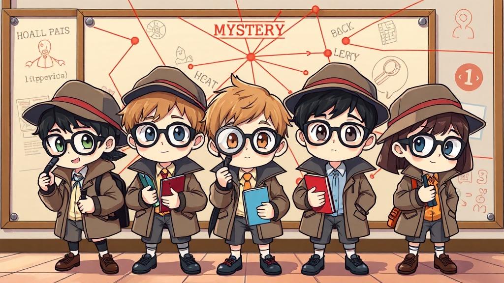 Anime chibi style team of kid detectives with magnifying glasses and detective hats posing in front of a mystery board illustration