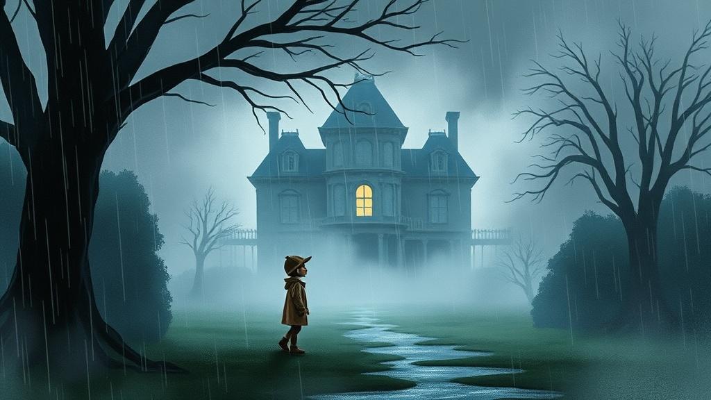 Watercolor style child detective standing in the rain outside a mysterious fog-covered mansion with a single lit window illustration