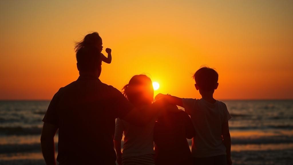 Cinematic style family watching a sunset at the beach silhouetted against golden light with children on parents shoulders