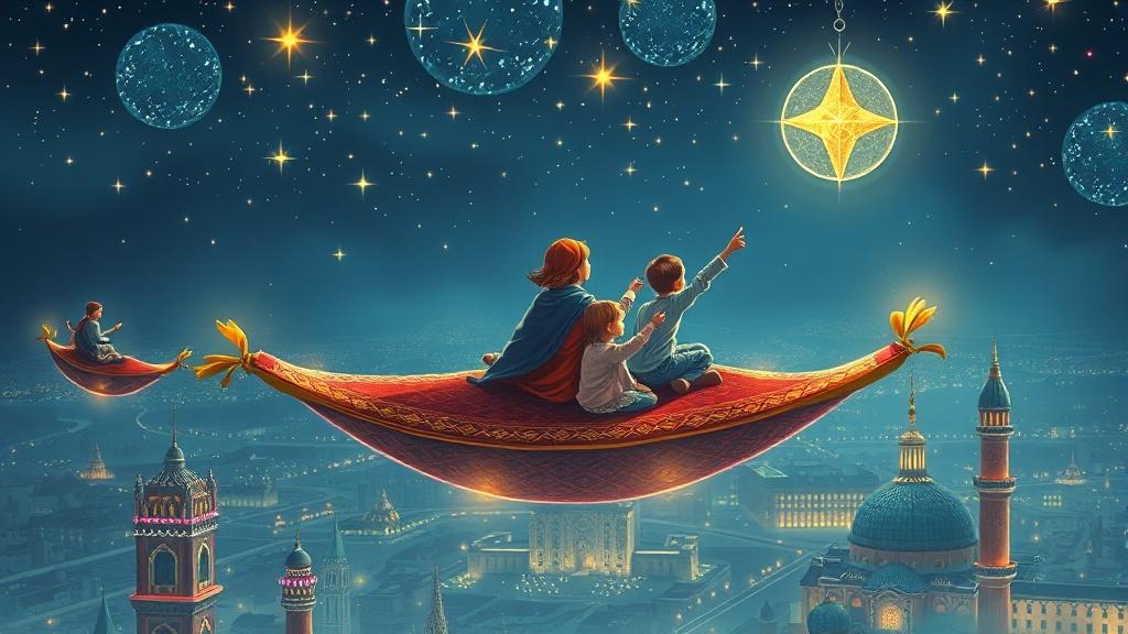 Fantasy art style family riding a magical flying carpet over a sparkling city at night