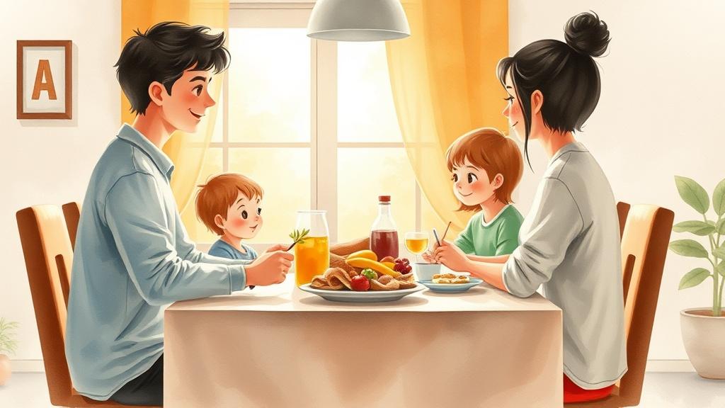 Watercolor style family sitting around a dinner table sharing a meal together with warm golden light