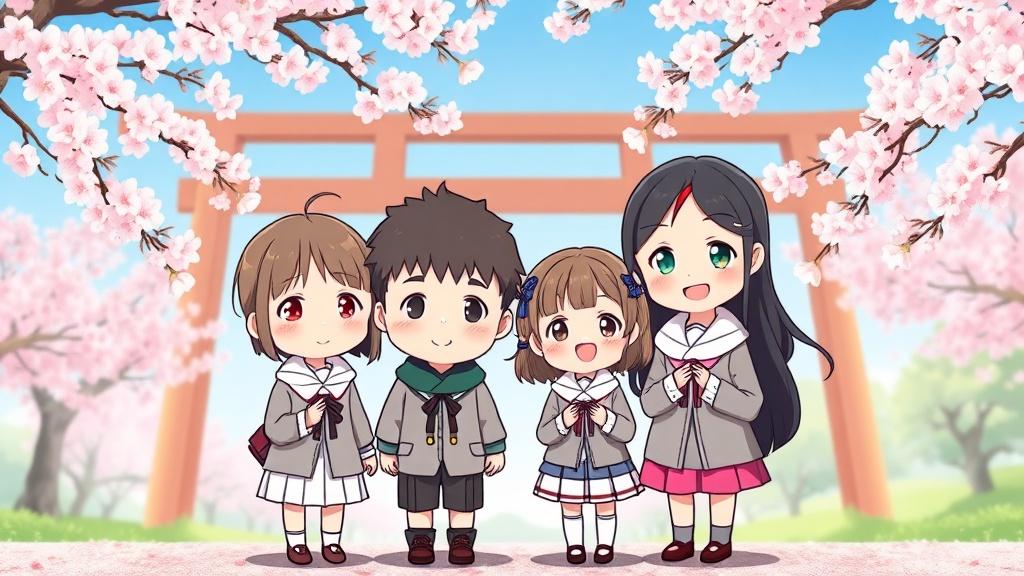 Anime chibi style family of four posing for a photo at a cherry blossom festival in cute matching outfits