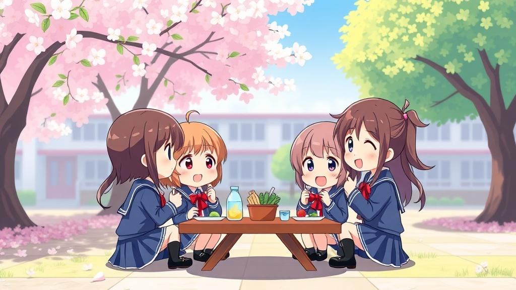 Anime chibi style children in school uniforms having a fun lunch together in a cherry blossom schoolyard