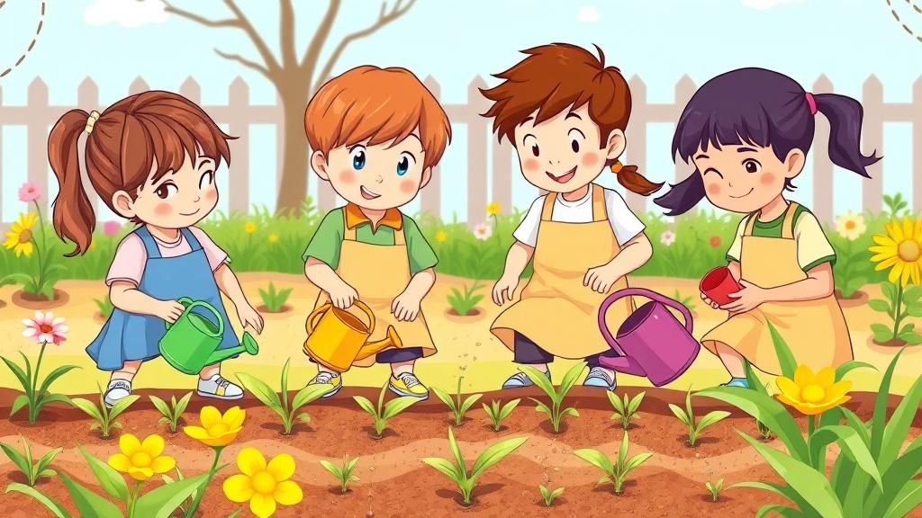 Children planting seeds in a school garden together wearing little aprons and holding watering cans