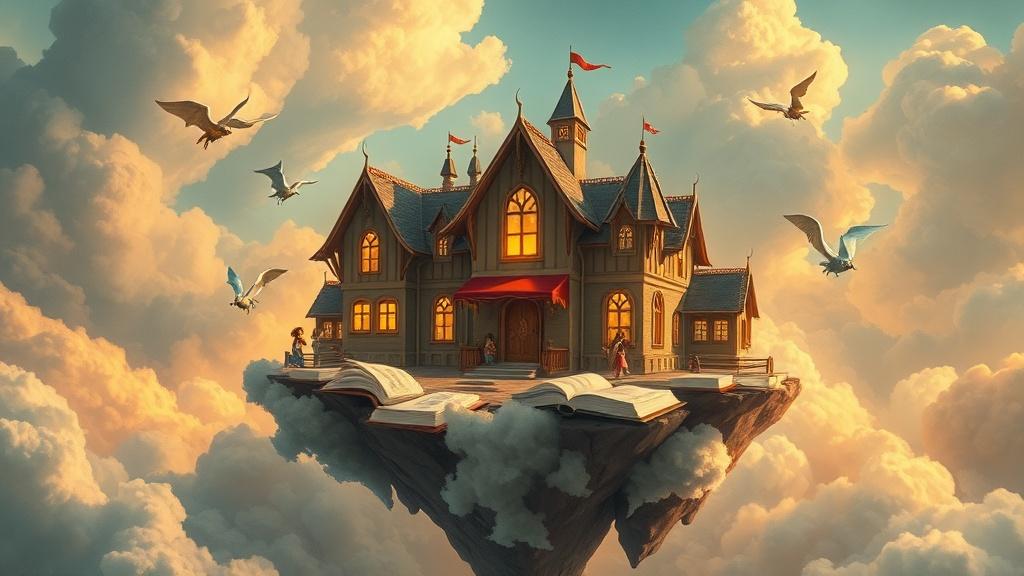 Fantasy art style a magical school floating in the clouds with children flying on books
